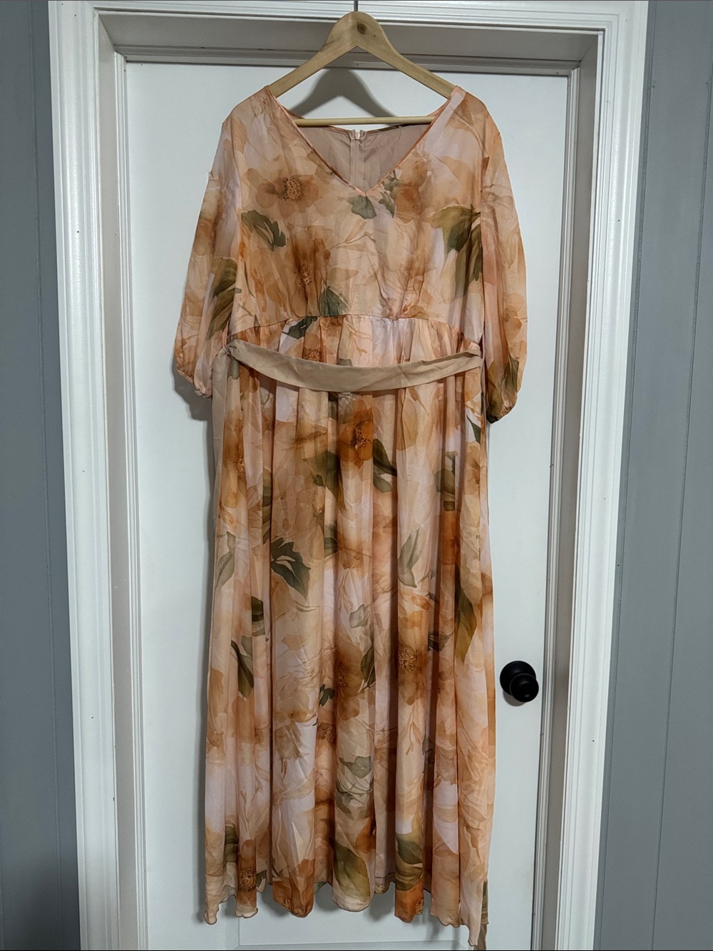 Peach Floral Maxi Dress with Removable Belt